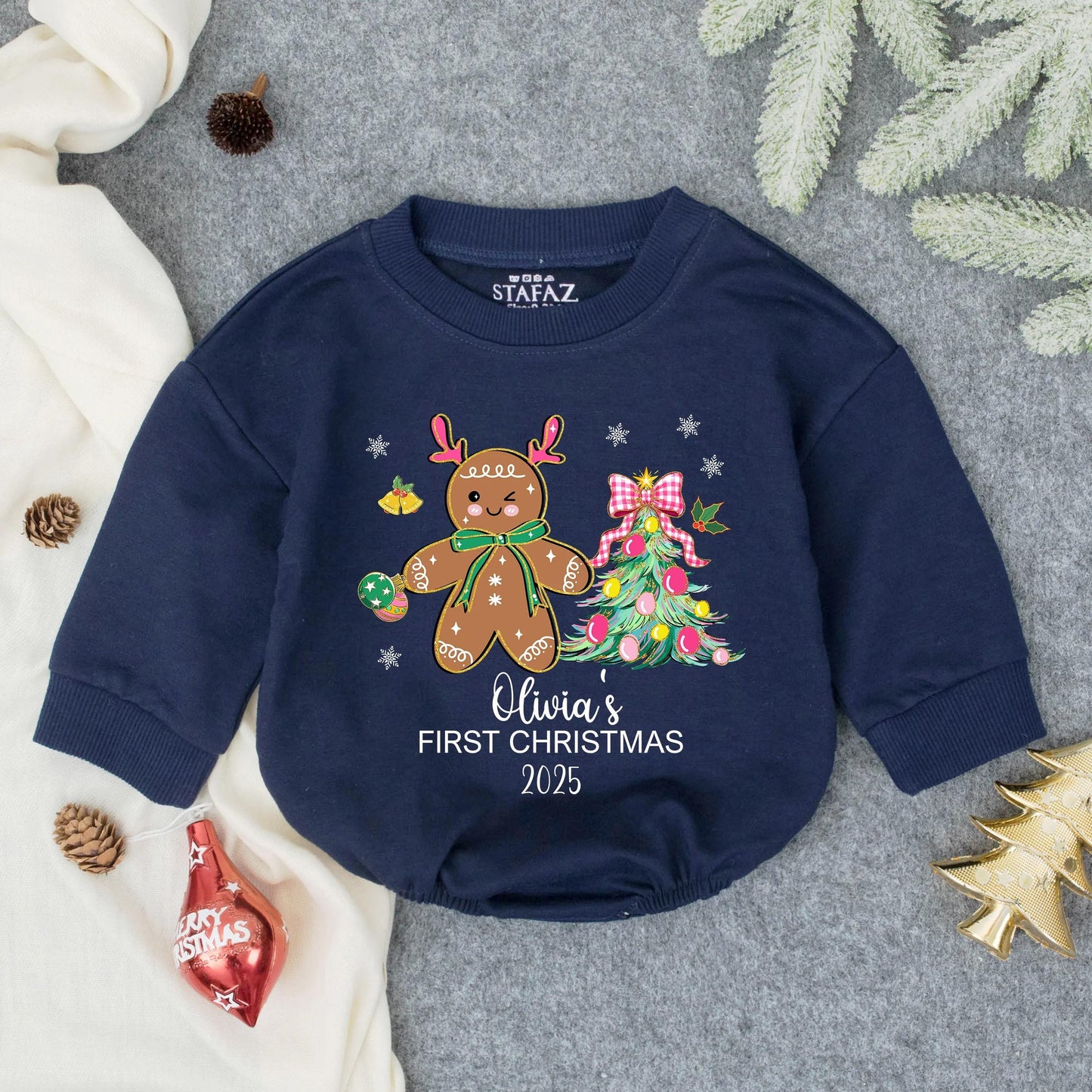 Olivia's First Christmas 2025 Romper, Cute Gingerbread Reindeer Outfit, Personalized Baby Girl Holiday Clothes, Pink Bow Bubble Romper, Winter Gift