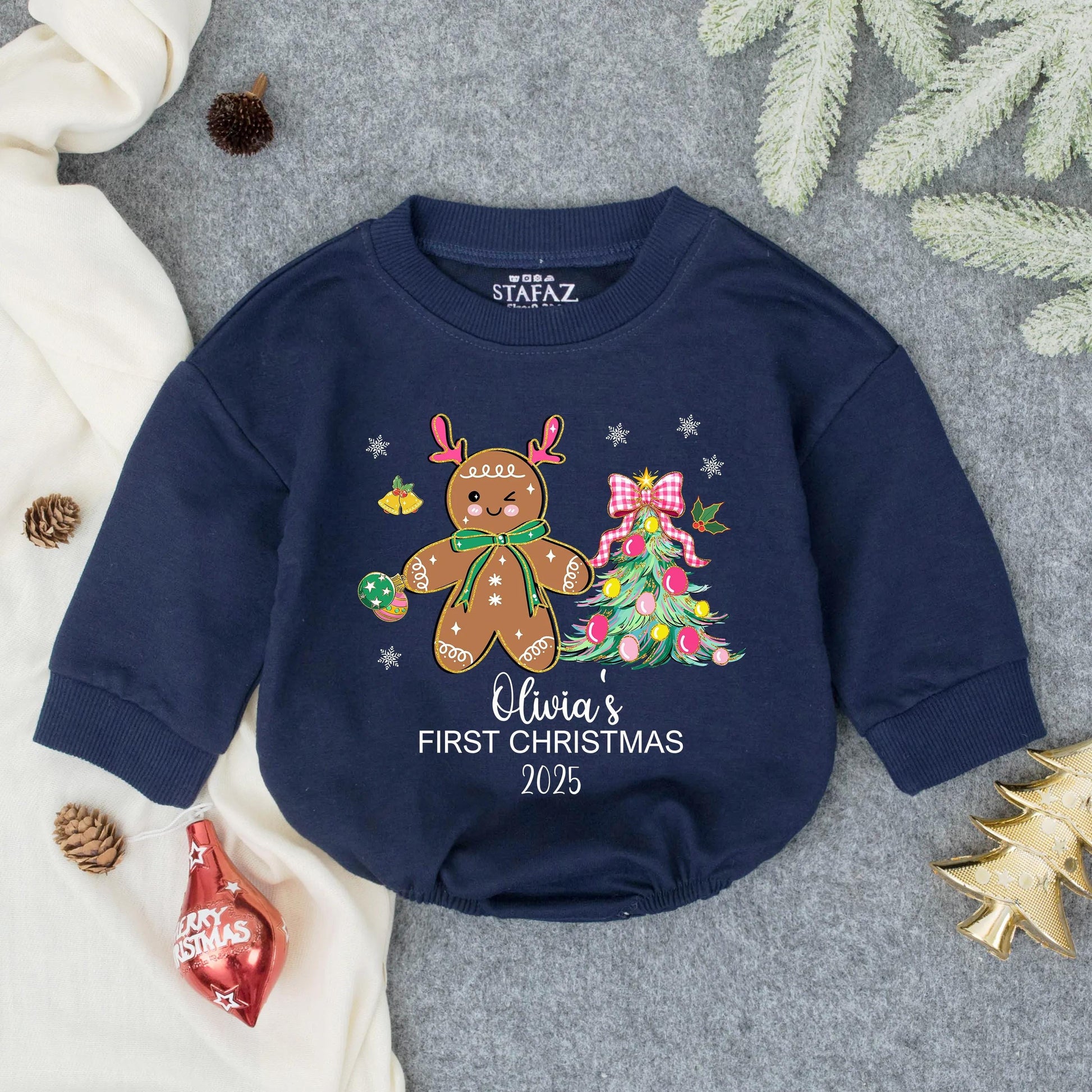 Olivia's First Christmas 2025 Romper, Cute Gingerbread Reindeer Outfit, Personalized Baby Girl Holiday Clothes, Pink Bow Bubble Romper, Winter Gift
