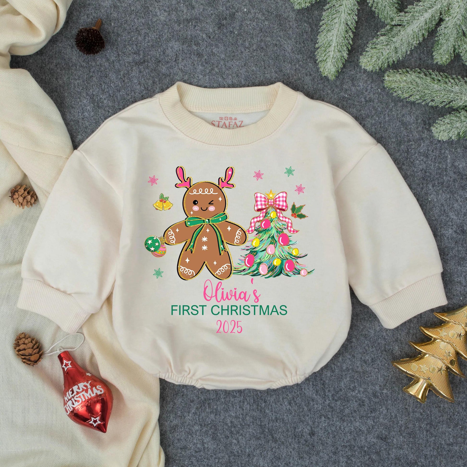 Olivia's First Christmas 2025 Romper, Cute Gingerbread Reindeer Outfit, Personalized Baby Girl Holiday Clothes, Pink Bow Bubble Romper, Winter Gift