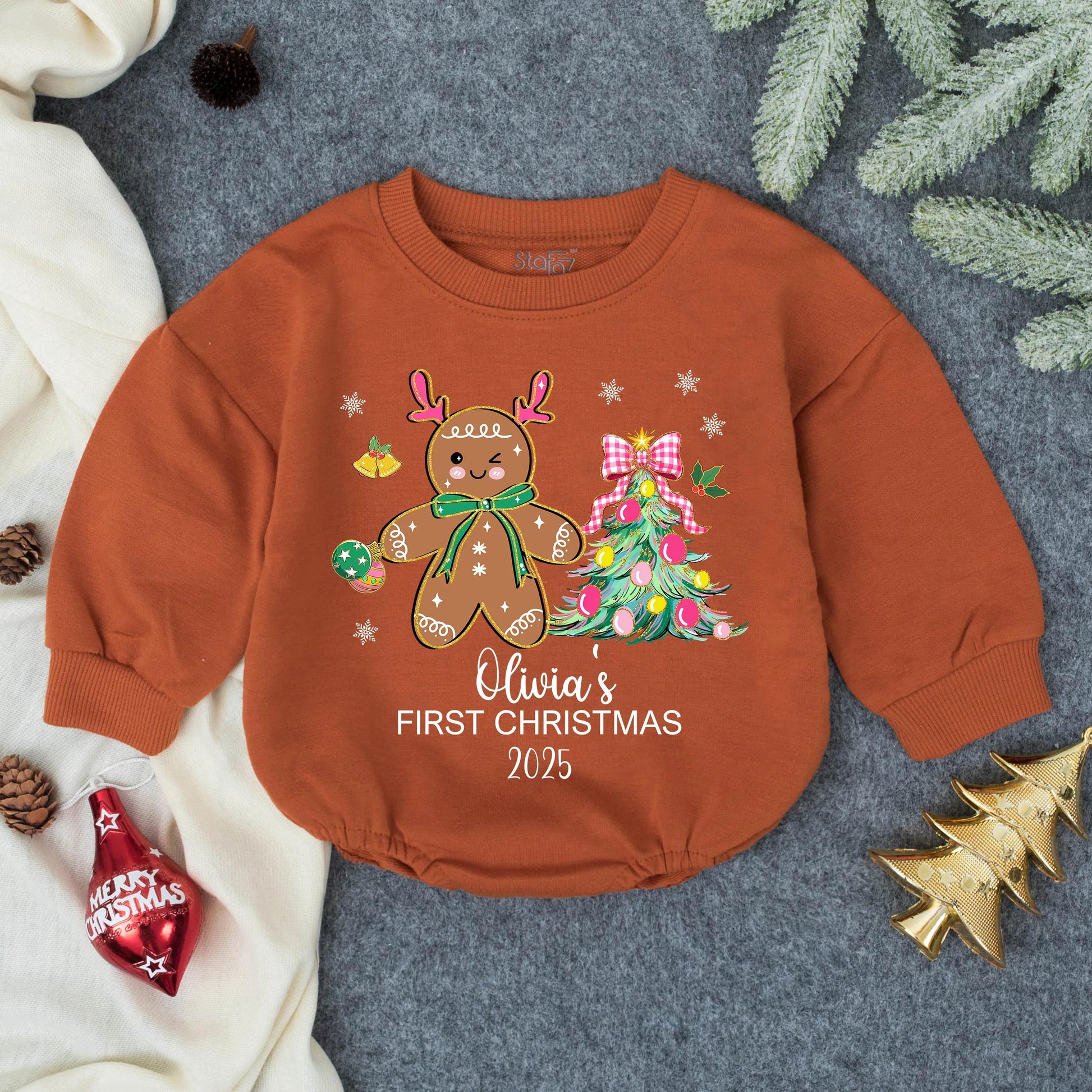 Olivia's First Christmas 2025 Romper, Cute Gingerbread Reindeer Outfit, Personalized Baby Girl Holiday Clothes, Pink Bow Bubble Romper, Winter Gift