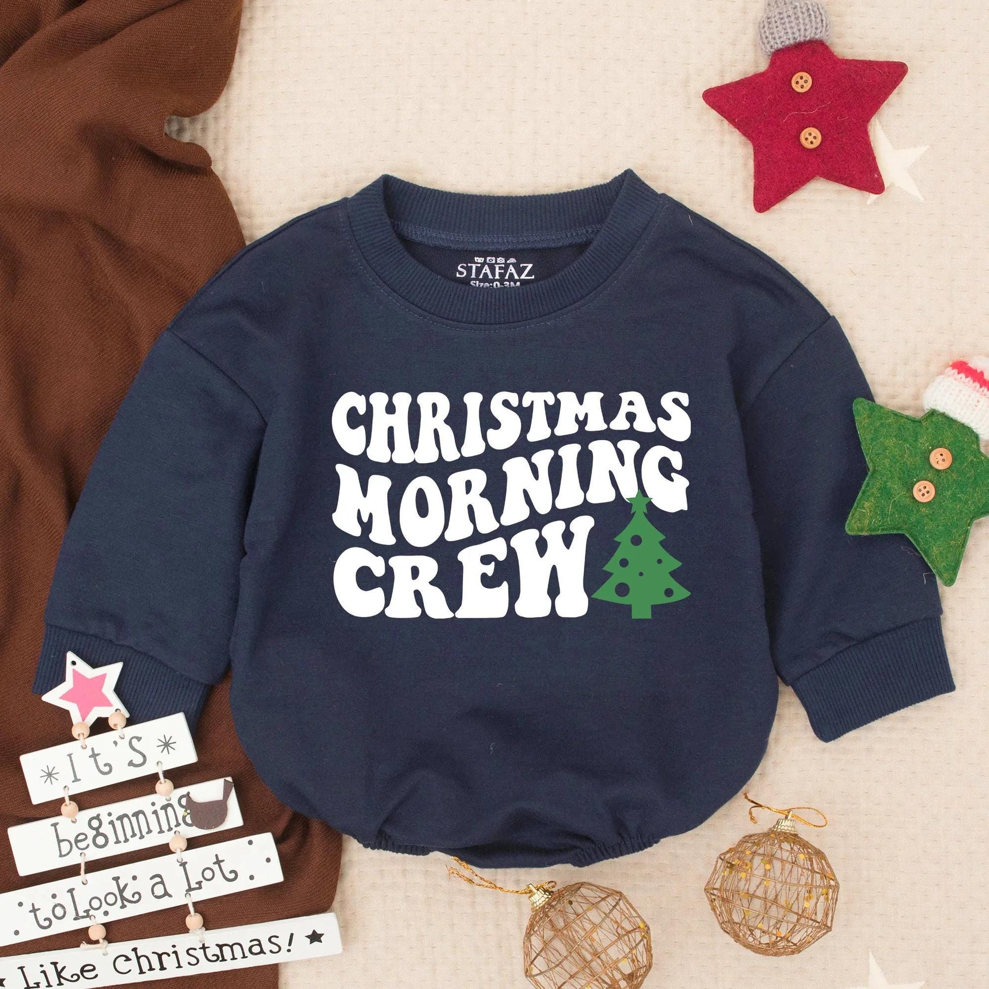 Christmas Morning Crew Romper Outfit, First Christmas Baby Clothes, Festive Xmas Toddler Boy Clothes, Cozy Holiday Gift, Soft Cotton Blend 135