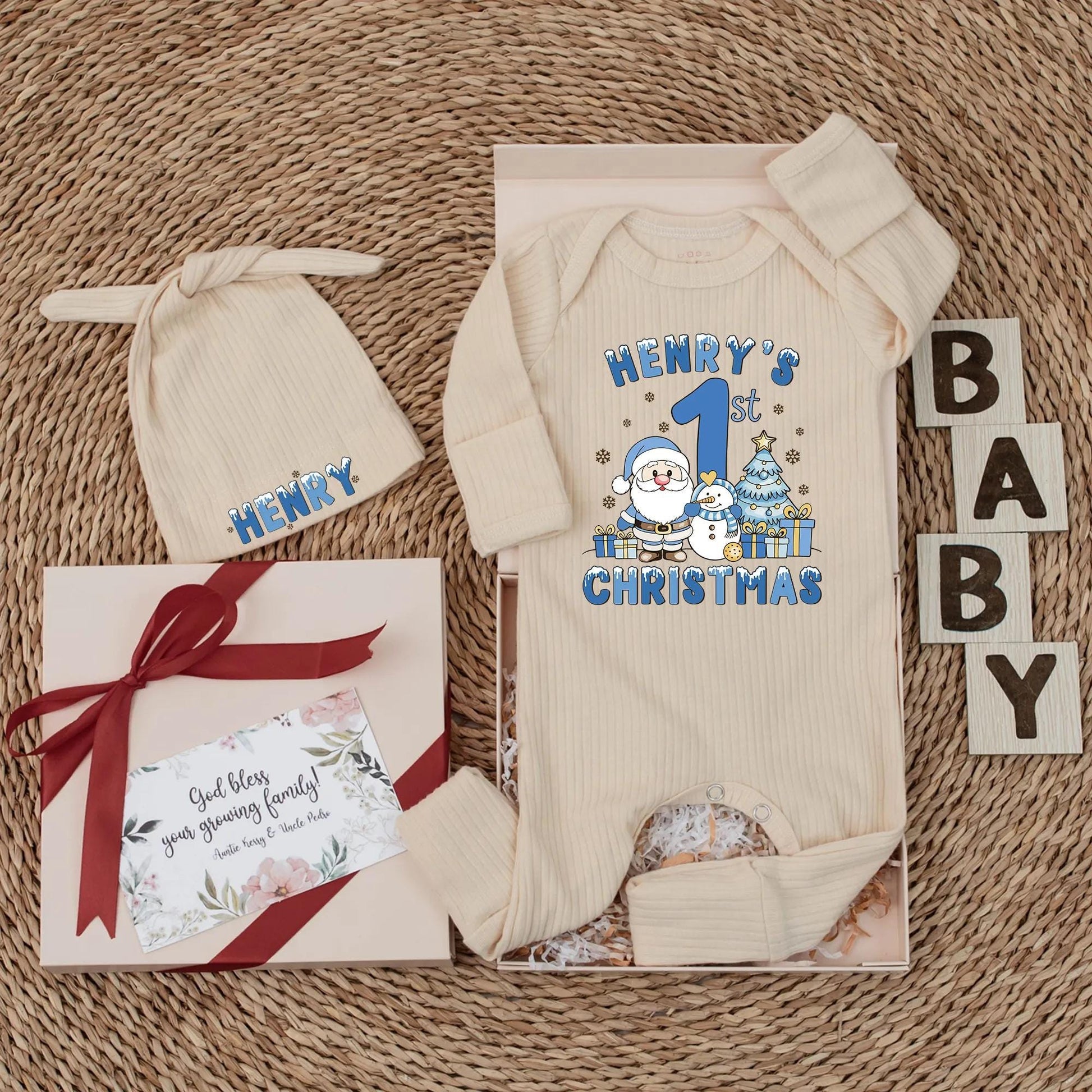 Henry's 1st Christmas Personalized Baby Bodysuit, Boy's First Xmas Outfit, Custom Holiday Newborn Clothes Set, Santa, Snowman, Cute Christmas Gift 1