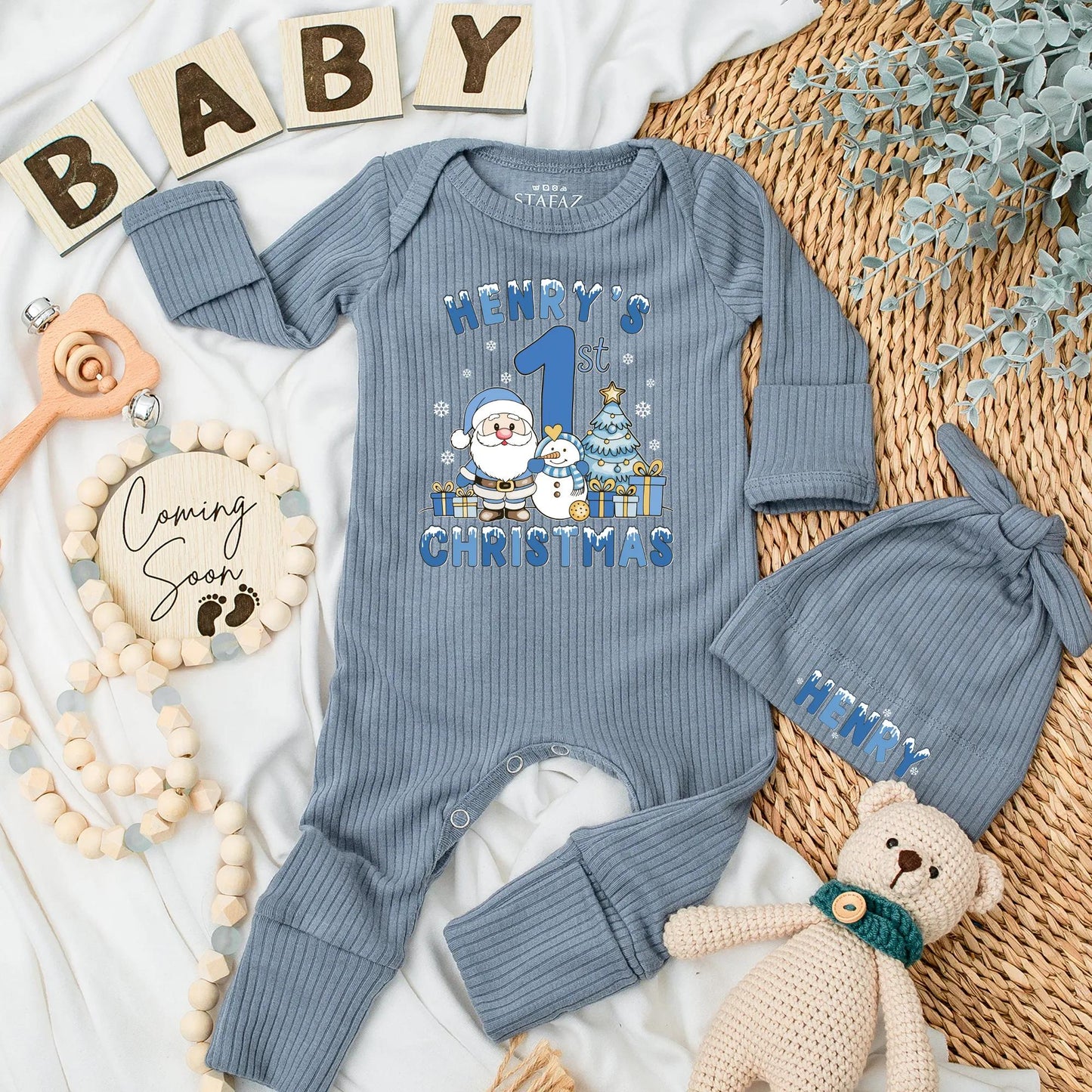 Henry's 1st Christmas Personalized Baby Bodysuit, Boy's First Xmas Outfit, Custom Holiday Newborn Clothes Set, Santa, Snowman, Cute Christmas Gift 1