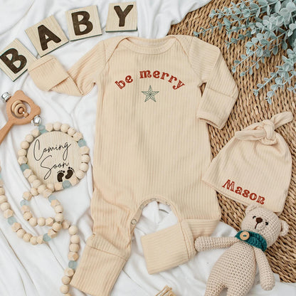 Be Merry Baby Bodysuit Reddish-Brown Text Forest Green Star Festive Holiday Newborn Outfit First Christmas Gift Shower Present