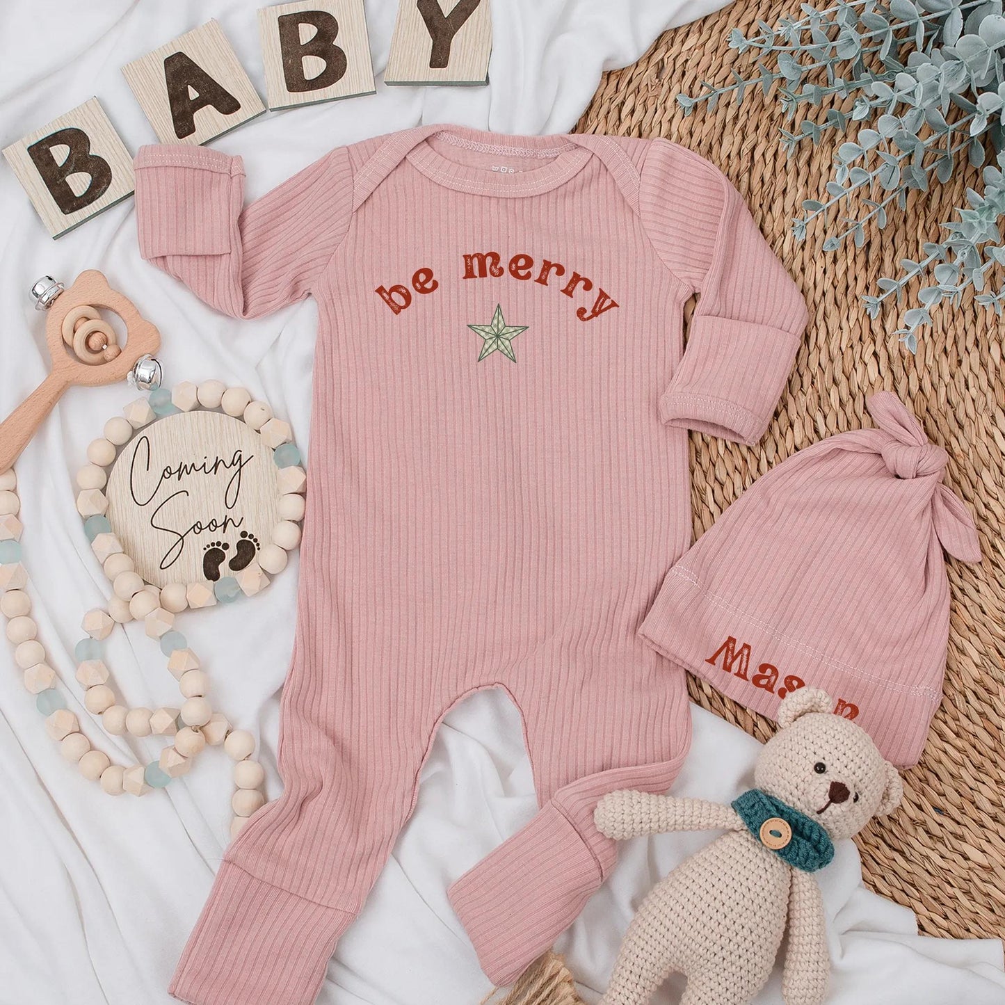 Be Merry Baby Bodysuit Reddish-Brown Text Forest Green Star Festive Holiday Newborn Outfit First Christmas Gift Shower Present