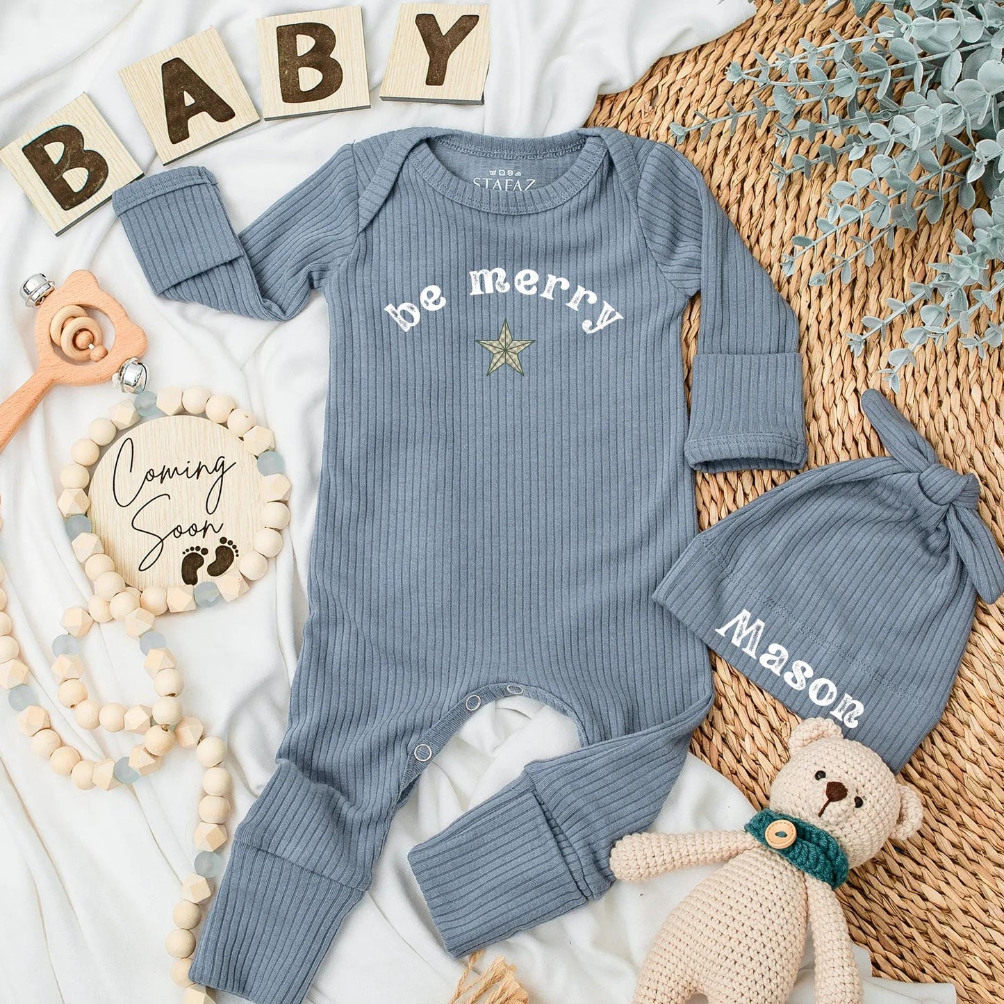 Be Merry Baby Bodysuit Reddish-Brown Text Forest Green Star Festive Holiday Newborn Outfit First Christmas Gift Shower Present