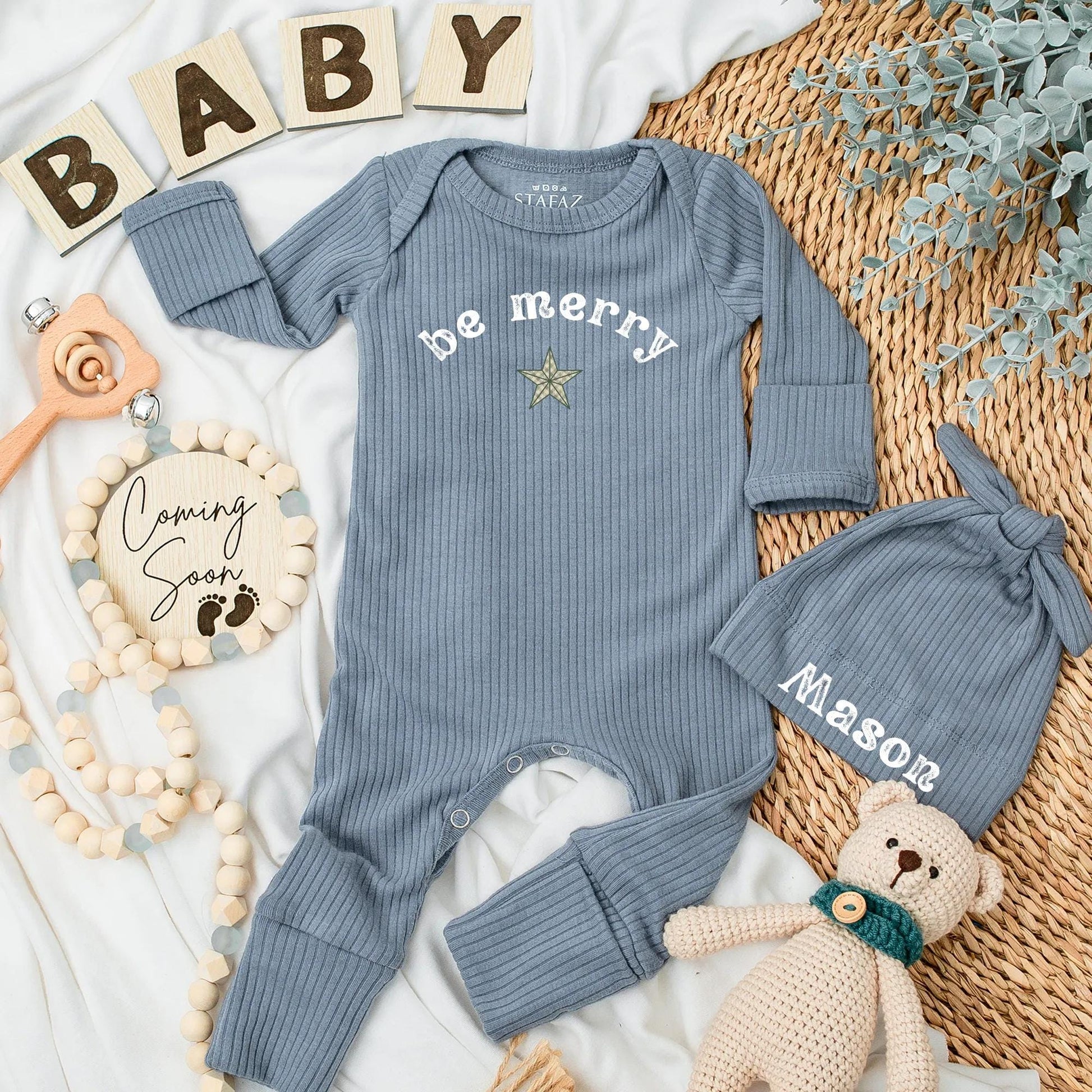 Be Merry Baby Bodysuit Reddish-Brown Text Forest Green Star Festive Holiday Newborn Outfit First Christmas Gift Shower Present