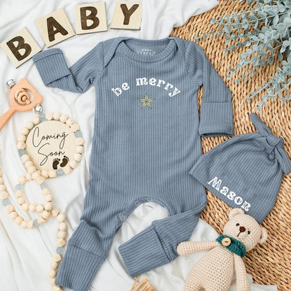 Be Merry Baby Bodysuit Reddish-Brown Text Forest Green Star Festive Holiday Newborn Outfit First Christmas Gift Shower Present