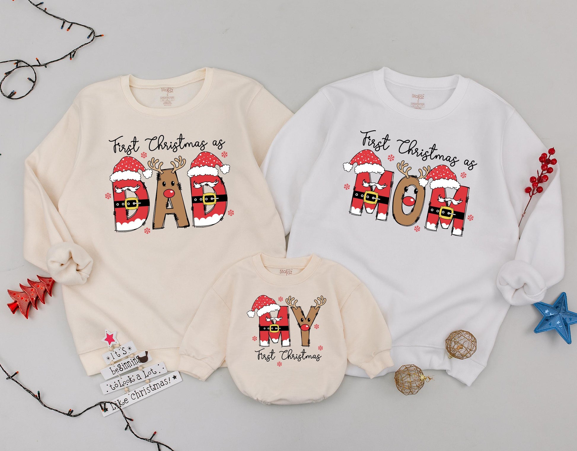 Matching First Christmas Family Sweaters: Festive Mom, Dad & My Designs with Santa Hats & Reindeer Antlers! Perfect Mother's Day Gift