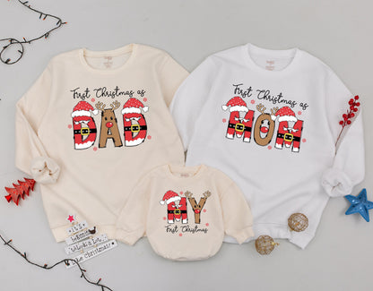 Matching First Christmas Family Sweaters: Festive Mom, Dad & My Designs with Santa Hats & Reindeer Antlers! Perfect Mother's Day Gift