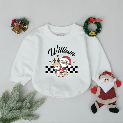 Personalized William's First Christmas Romper, Vintage Santa Reindeer Bodysuit, Xmas Baby Outfit, Winter Clothes, Cute Holiday Gift, Boy or Girl 136 chars