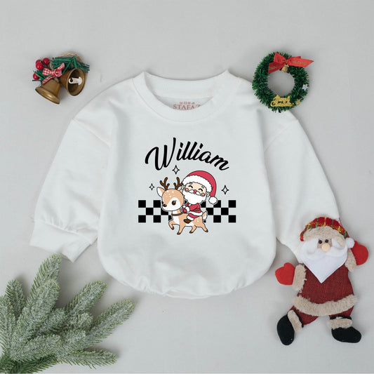 Personalized William's First Christmas Romper, Vintage Santa Reindeer Bodysuit, Xmas Baby Outfit, Winter Clothes, Cute Holiday Gift, Boy or Girl 136 chars