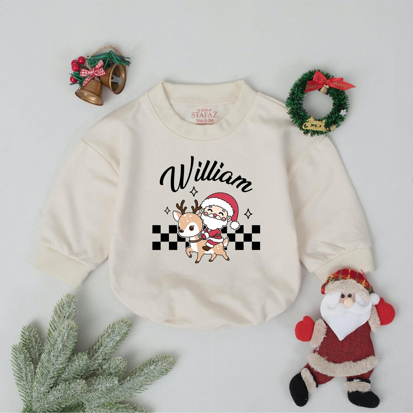 Personalized William's First Christmas Romper, Vintage Santa Reindeer Bodysuit, Xmas Baby Outfit, Winter Clothes, Cute Holiday Gift, Boy or Girl 136 chars