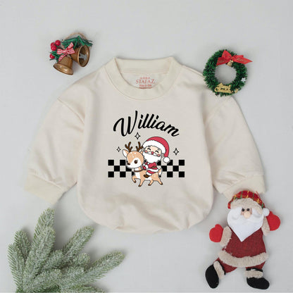 Personalized William's First Christmas Romper, Vintage Santa Reindeer Bodysuit, Xmas Baby Outfit, Winter Clothes, Cute Holiday Gift, Boy or Girl 136 chars