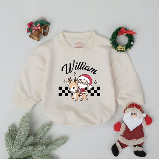Personalized William's First Christmas Romper, Vintage Santa Reindeer Bodysuit, Xmas Baby Outfit, Winter Clothes, Cute Holiday Gift, Boy or Girl 136 chars
