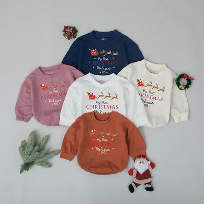 Baby's First Christmas 2025 Romper Custom Retro Santa Sleigh Design Personalized Name Toddler Bodysuit Holiday Gift
