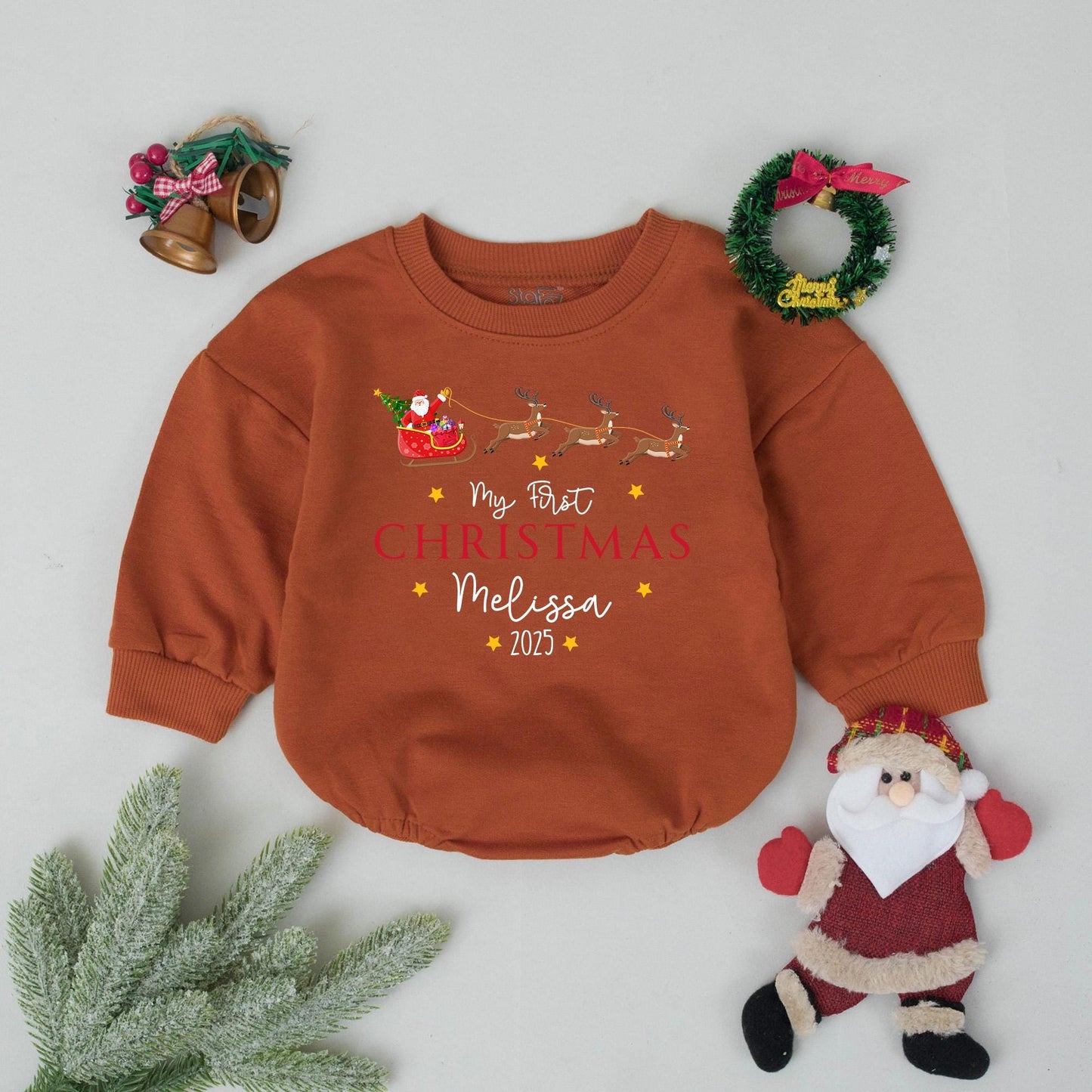 Baby's First Christmas 2025 Romper Custom Retro Santa Sleigh Design Personalized Name Toddler Bodysuit Holiday Gift