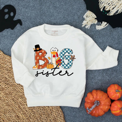 Personalized Thanksgiving Big Brother Big Sister Little Sister Turkey Sweatshirt Fall Matching Outfit Toddler Kids Clothes Playful Autumn Designs