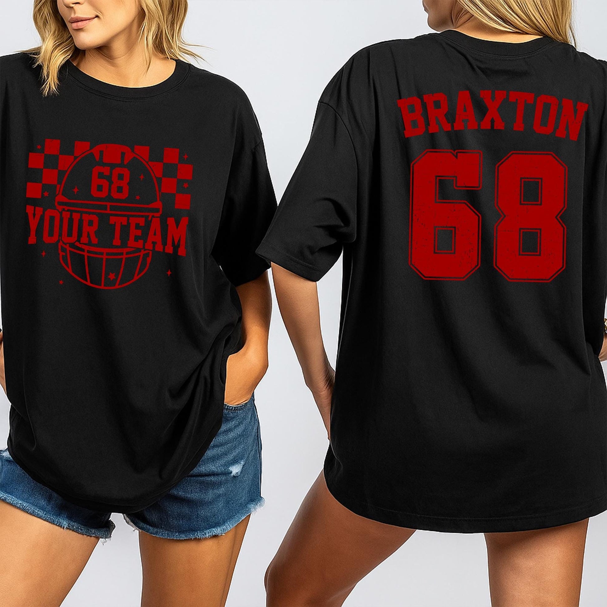 Personalized Football Team Shirt, Custom Name & Number Jersey, Checkered Helmet Tee for Game Day, School Sports Fan Apparel, Braxton 68, YOUR TEAM