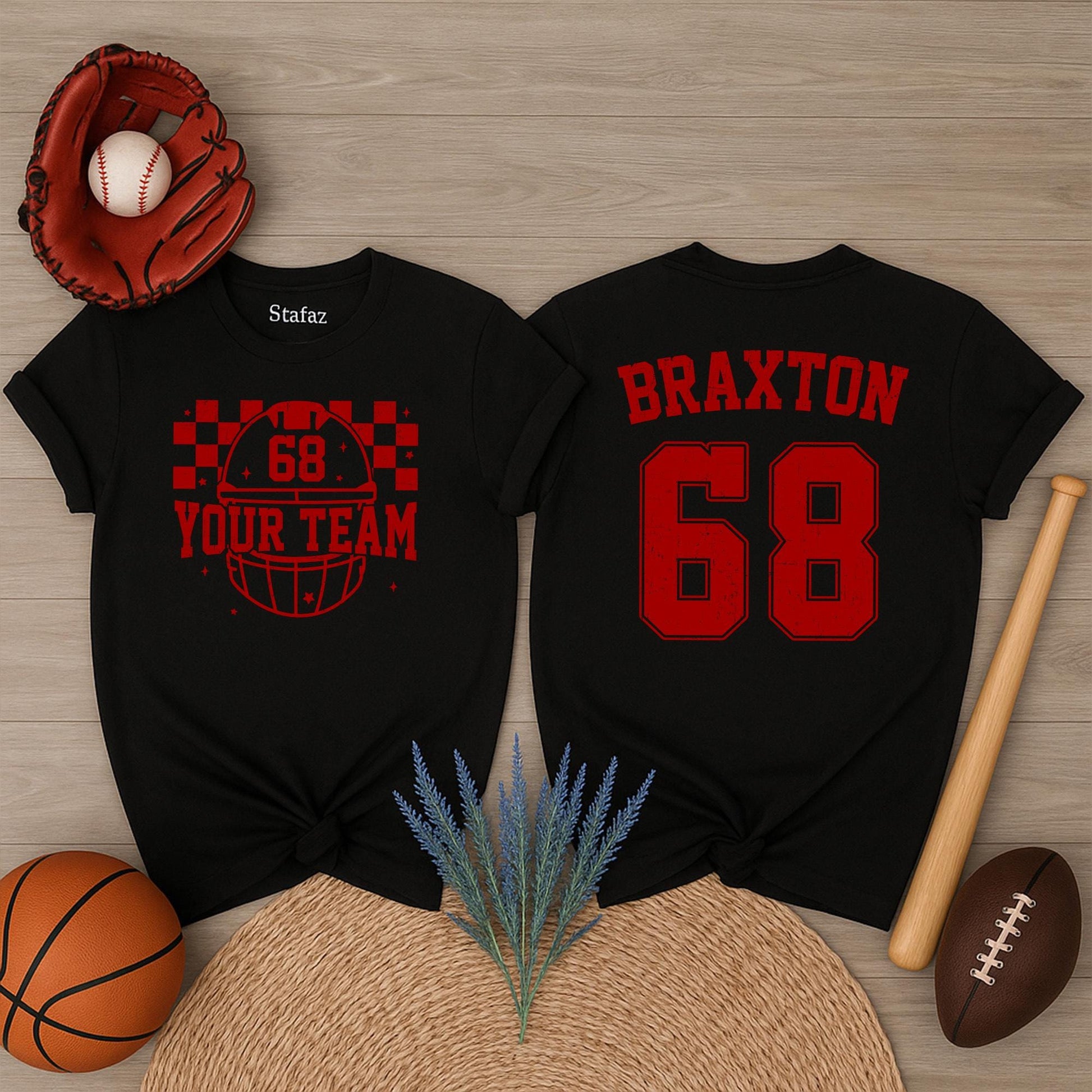 Personalized Football Team Shirt, Custom Name & Number Jersey, Checkered Helmet Tee for Game Day, School Sports Fan Apparel, Braxton 68, YOUR TEAM
