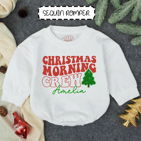 Christmas Morning Crew Sequin Bubble Romper Baby Girl Outfit First Christmas Gift Toddler Holiday Clothes Sparkly & Festive