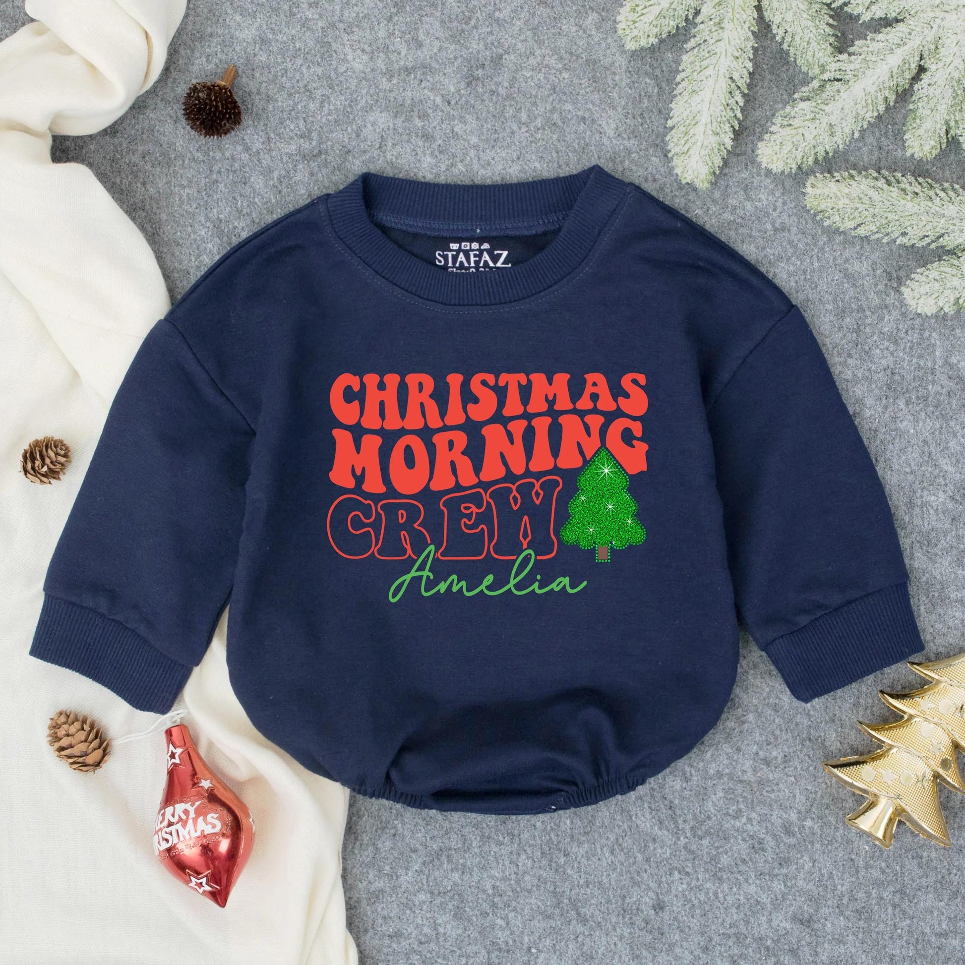 Christmas Morning Crew Sequin Bubble Romper Baby Girl Outfit First Christmas Gift Toddler Holiday Clothes Sparkly & Festive