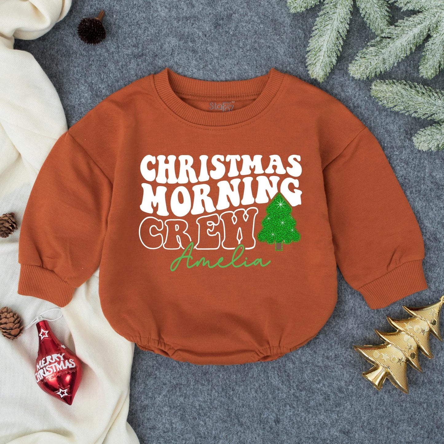 Christmas Morning Crew Sequin Bubble Romper Baby Girl Outfit First Christmas Gift Toddler Holiday Clothes Sparkly & Festive