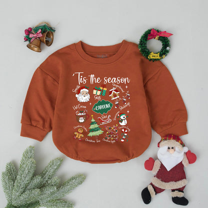 Custom Name Tis The Season Baby Romper First Christmas Outfit Retro Holiday Bodysuit Toddler Clothes Shower Gift Vintage Bubble Gender Neutral