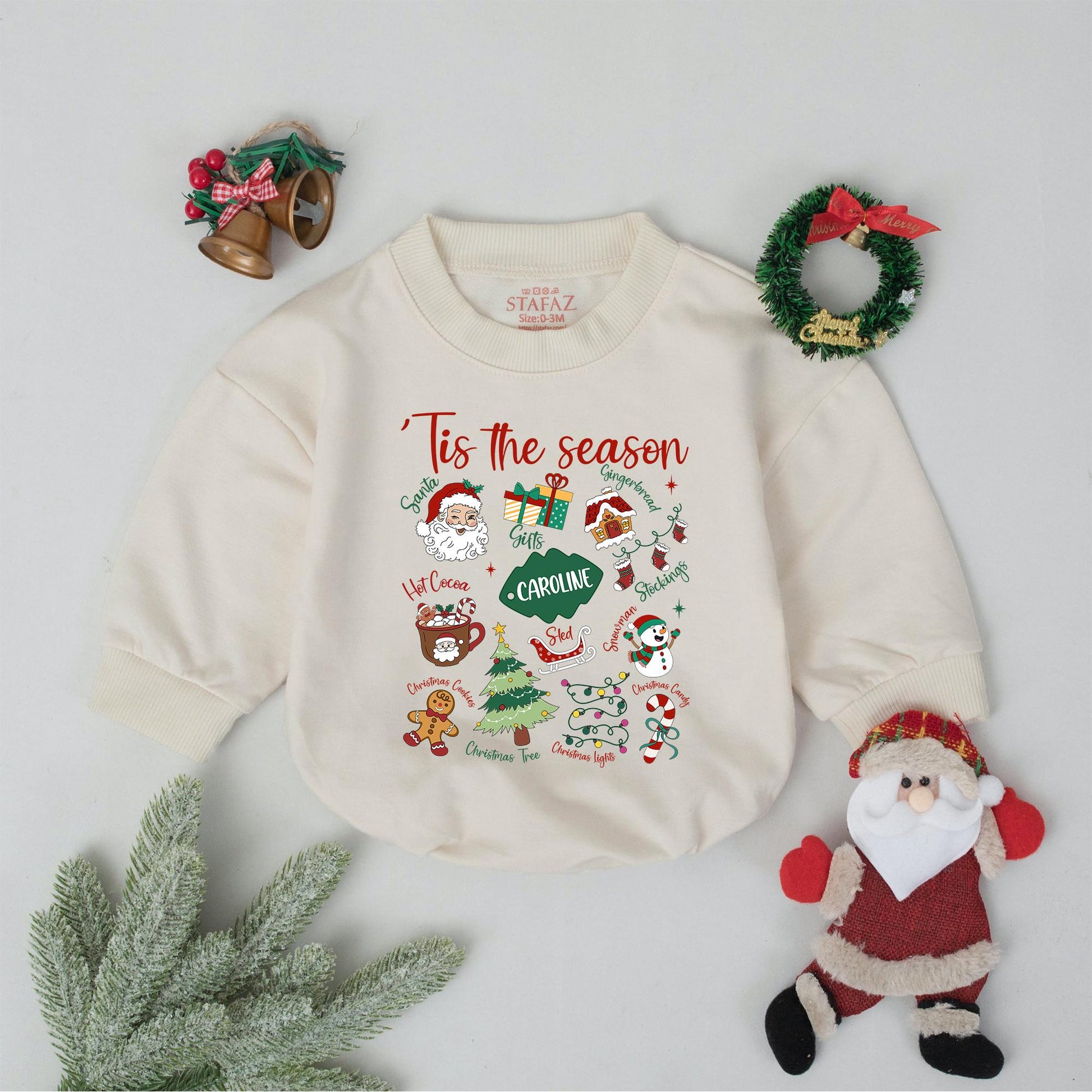 Custom Name Tis The Season Baby Romper First Christmas Outfit Retro Holiday Bodysuit Toddler Clothes Shower Gift Vintage Bubble Gender Neutral