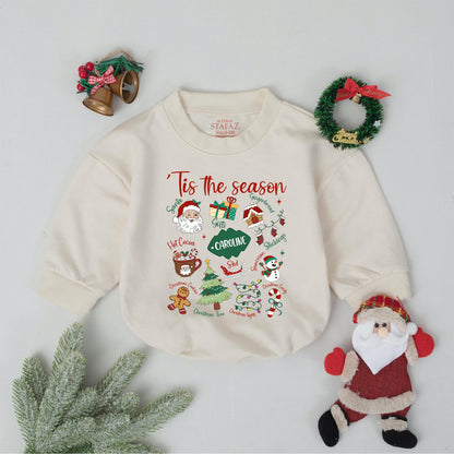 Custom Name Tis The Season Baby Romper First Christmas Outfit Retro Holiday Bodysuit Toddler Clothes Shower Gift Vintage Bubble Gender Neutral