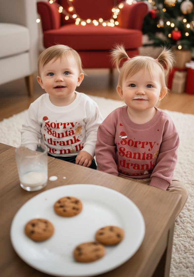 Two children in a festive living room with a Christmas tree, sitting at a table with cookies and a glass of milk.
